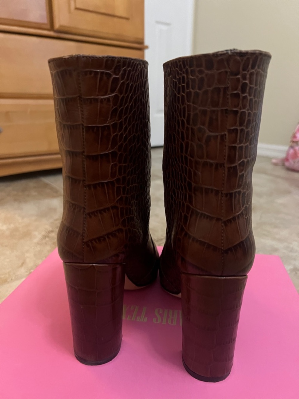 Paris Texas Brown Croc-Embossed Pointed Toe Ankle Boots - Picture 7 of 8